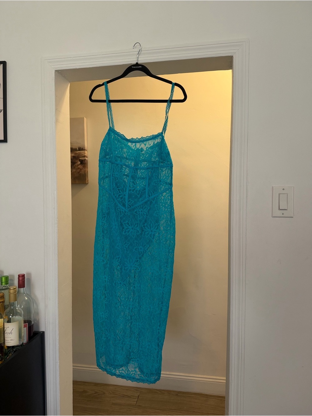 Meshki Turquoise Lace Midi Dress with Corset Bodice - Picture 3 of 6